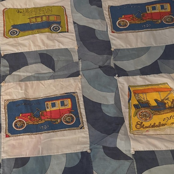 Vintage Bedding Vintage Car Quilt With Blue Background Detail